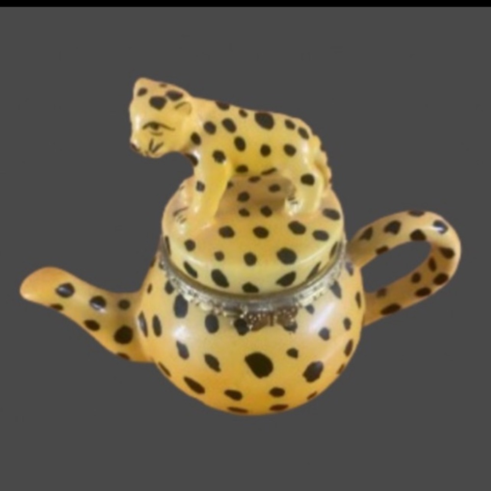 Vintage Porcelain Box Mini Hinged Leopard Teapot Trinket